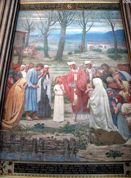 In 429 CE, St Germain d'Auxerre & St Loup de Troyes going to England stopped in Nanterre & met a child who they predicted great acts. She became St Geneviève, patron saint of Paris painted mural at Pantheon. Paris, France.