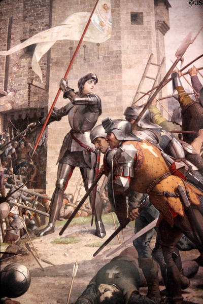 Joan of Arc rallying French troops at Orleans mural at Pantheon. Paris, France.