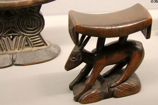 Tsonga tribe carved wooden headrest supported by antelope(end 19thC) from southern Africa or Mozambique at Musée du quai Branly. Paris, France.