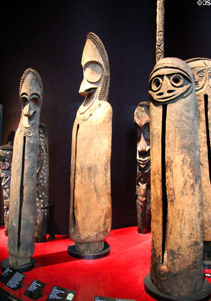 Vertical slit drums (end 19thC - mid 20thC) from Vanuatu at Musée du quai Branly. Paris, France.