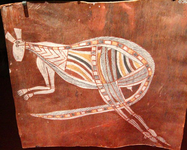 Australian native bark painting of kangaroo at Musée du quai Branly. Paris, France.