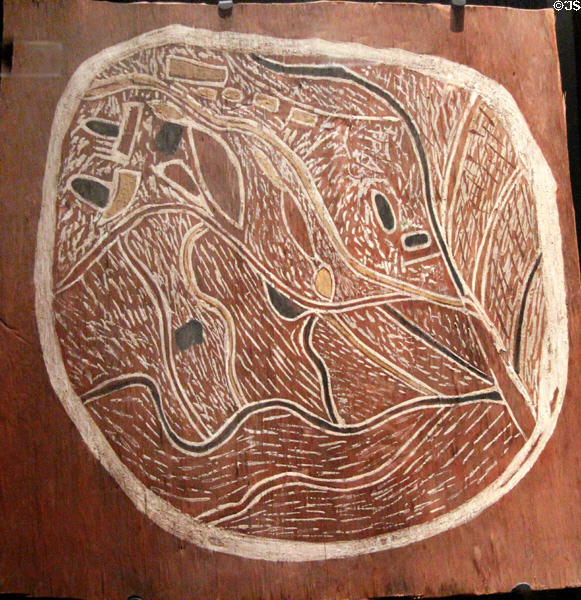 Australian native bark painting of tree structure at Musée du quai Branly. Paris, France.