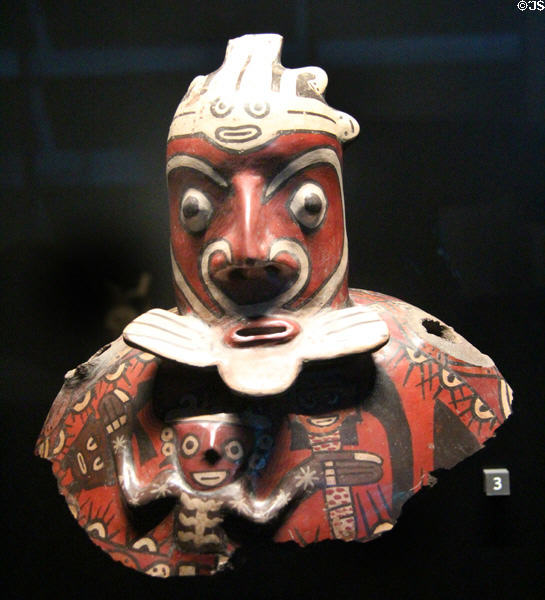 Nazca pottery vessel depicting warrior (180 BCE-500) from Peru at Musée du quai Branly. Paris, France.