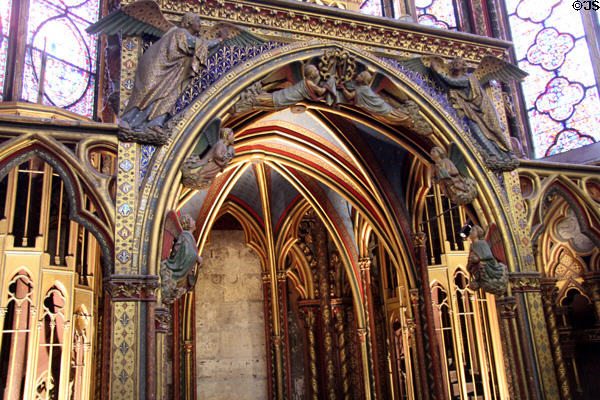 Gothic arches with carved angels in what was once Royal Chapel of Medieval French kings at St Chapelle. Paris, France.