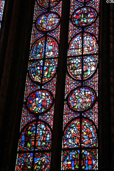 Oval & round-shape stained glass biblical story panels at St Chapelle. Paris, France.