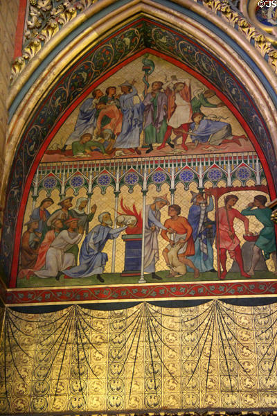 Last judgment & offering a lamb painted scenes at St Chapelle. Paris, France.