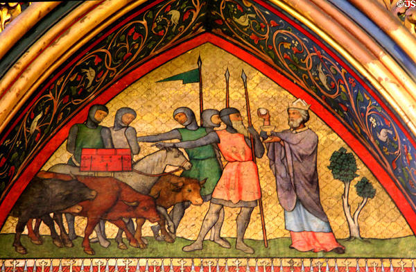Knights with cattle before king painted scene at St Chapelle. Paris, France.