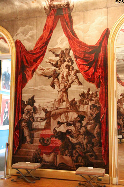Section of wall painting of the voyage of Queen of Sheba by José-Maria Sert featuring musicians from ballroom of Wendel Hotel at Carnavalet Museum. Paris, France.