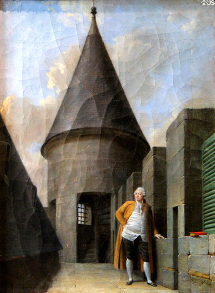 Louis XVI at Temple prison isolation painting (1814) by Jean-François Garneray at Carnavalet Museum. Paris, France.