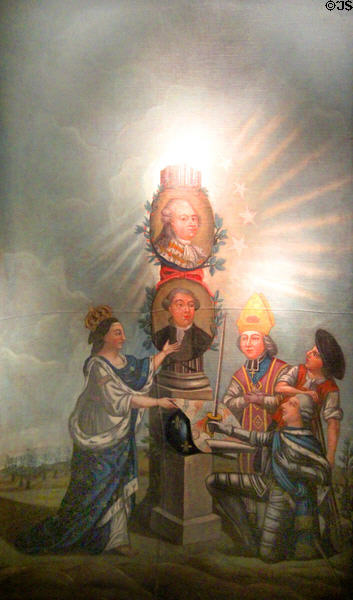 France receives loyalty oaths from clergy, workers & knights & presents them to the King & Jacques Necker, his finance minister symbolic painting (late 18thC) by Dubois at Carnavalet Museum. Paris, France.
