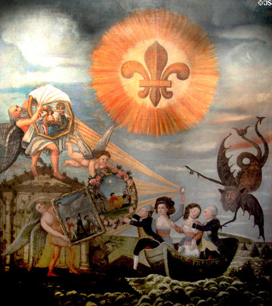 Hope for Happiness to the French Nation with Louis XVI & Finance Minister Necker in a small boat, representing France, crossing a rough sea symbolic painting (late 18thC) by Dubois at Carnavalet Museum. Paris, France.