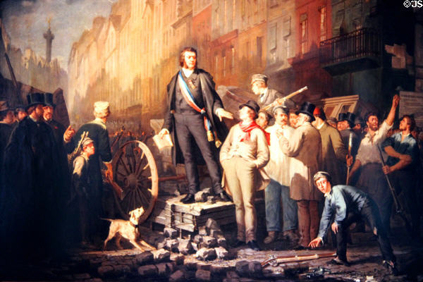 Alphonse Baudin on the barricade Dec. 3, 1857 killed protesting the coup d'etat by Prince Louis Napoleon Bonaparte painting (1869) by Ernest-Louis Pichio at Carnavalet Museum. Paris, France.