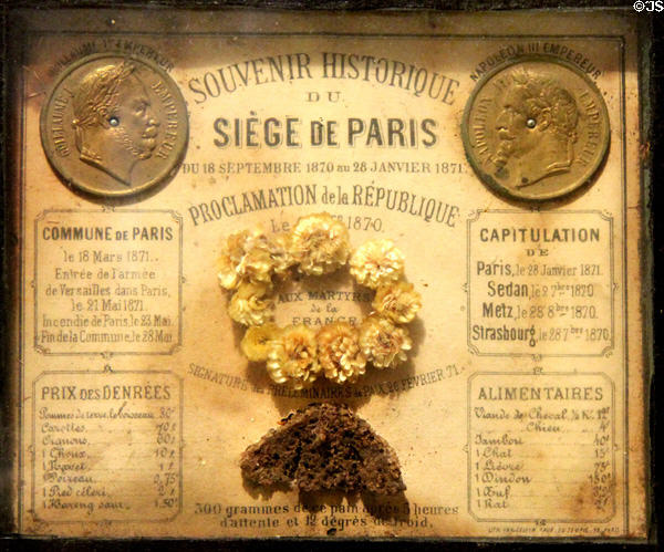 Souvenir plaque with history of the Siege of Paris by Prussian Army Sept. 1870 to late Jan. 1871 at Carnavalet Museum. Paris, France.
