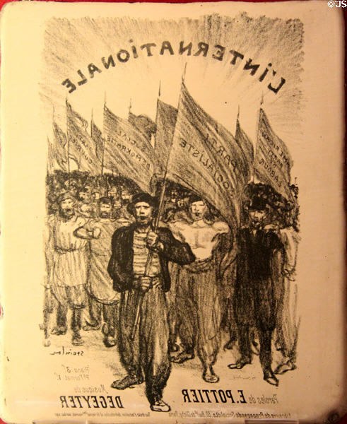 The International, a revolutionary song, sheet music lithographic printing plate (1902) designed by Théophile Steinlein at Carnavalet Museum. Paris, France.