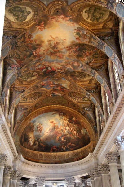 Baroque ceiling in Royal Chapel of Versailles Palace. Versailles, France.