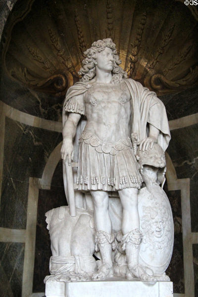 Sculpture of Louis XIV dressed in antique costume (1671-2) by Jean Warin in Venus room at Versailles Palace. Versailles, France.