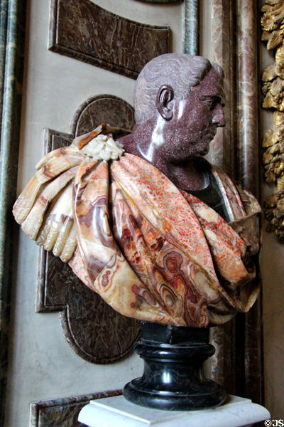 Marble bust of Roman Emperor in Diana room at Versailles Palace. Versailles, France.