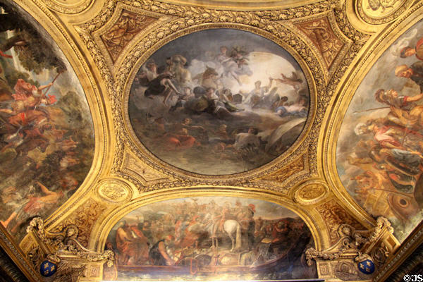 Diana presides over Navigation & Hunting baroque ceiling painting (1680) by Gabriel Blanchard in Diana room at Versailles Palace. Versailles, France.