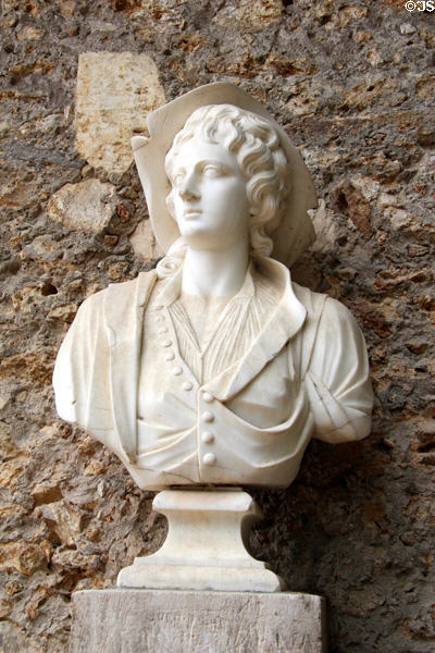 Marble bust of Marie Antoinette dressed as Austrian farmer at Marie Antoinette farm. Versailles, France.