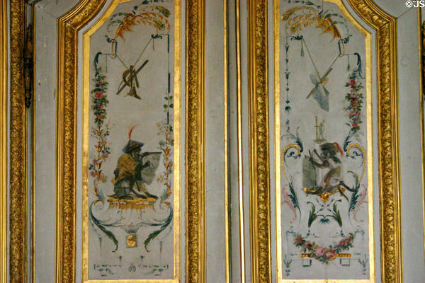 Details of scenes in Salon des Singes (monkeys) in Princes' Apartments in Petit Château at Château de Chantilly. Chantilly, France.
