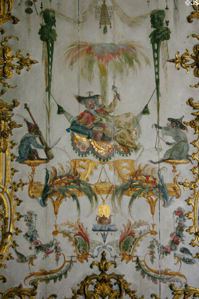 Details of scenes in Salon des Singes (monkeys) in Princes' Apartments in Petit Château at Château de Chantilly. Chantilly, France.