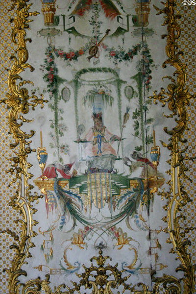 Details of scenes in Salon des Singes (monkeys) in Princes' Apartments in Petit Château at Château de Chantilly. Chantilly, France.