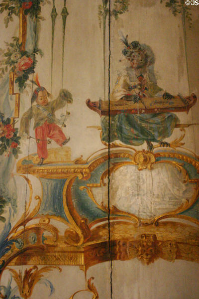 Details of scenes in Salon des Singes (monkeys) in Princes' Apartments in Petit Château at Château de Chantilly. Chantilly, France.
