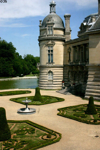 Exterior of tower of Cabinet of Gems over Volière park at Château de Chantilly. Chantilly, France.