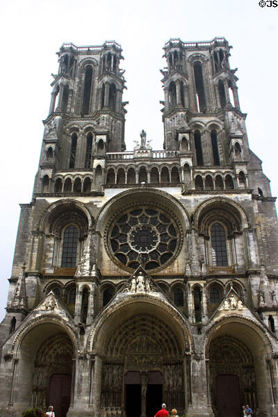 Three deep porches & unusual towers on west facade of Cathédrale Notre-Dame. Laon, France.
