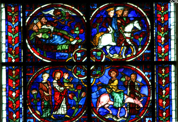 Stained glass window representing Three Kings & Flight Into Egypt at Cathédrale Notre-Dame. Laon, France.