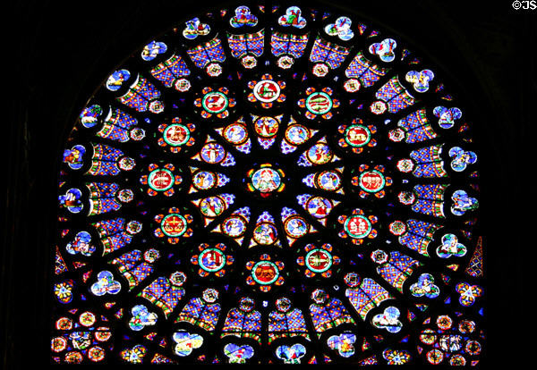 Rose window on south transept with symbols of Zodiac shows Creation at St-Denis Basilica. St Denis, France.