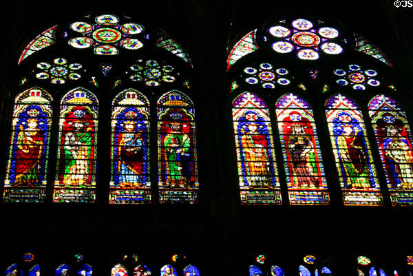 Kings & queens stained glass window at St-Denis Basilica. St Denis, France.