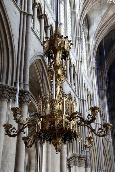 Chandelier hanging in nave of Reims Cathedral. Reims, France.