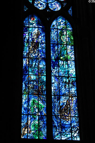 Virgin Mary above scenes of David, Solomon, Saul & Jesse Tree on Chagall stained glass window at Reims Cathedral. Reims, France.