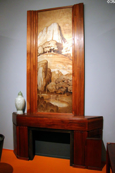 Fireplace, mantel & silver leaf painting (1925-30) from home of Taittinger family at Museum of Fine Arts. Reims, France.
