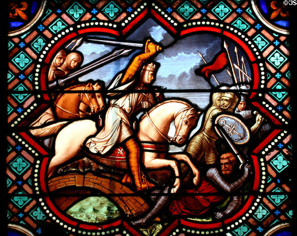 Stained glass window with detail of life of St Louis (19thC) in Notre Dame Cathedral. Senlis, France.