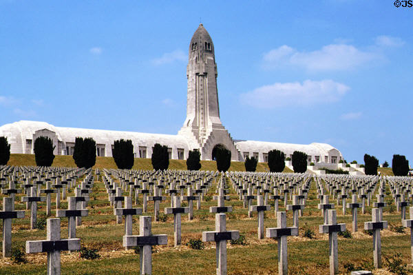 Verdun Memorial Tower & Douaumont Ossuary containing bones of 130,000 unidentified French & German soldiers from Battle of Verdun (1916). Verdun, France.