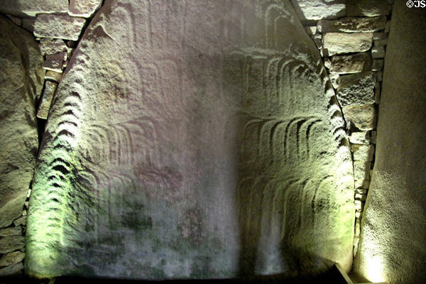 Crook design carved on rock in funerary chamber of Merchants Table at Locmariaquer Megalithic site. Locmariaquer, France.