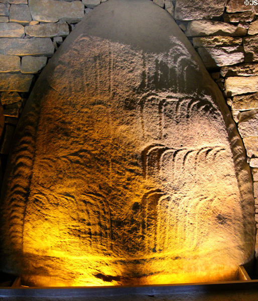 Crook design carved on rock in funerary chamber of Merchants Table at Locmariaquer Megalithic site. Locmariaquer, France.