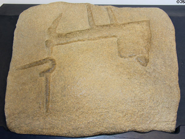 Engraved symbols on Great Broken Menhir displayed at Locmariaquer Megalithic site. Locmariaquer, France.