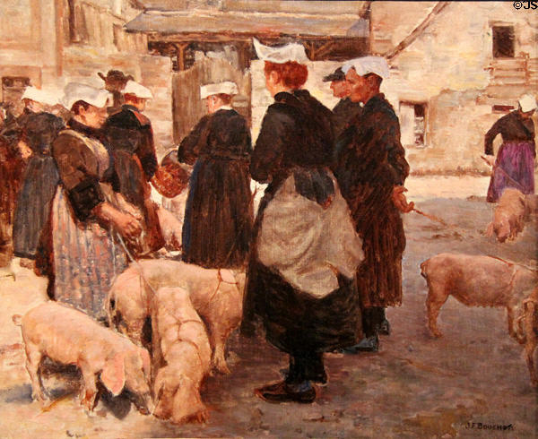 Pig market at Auray, Brittany in traditional dress painting by Joseph-Félix Bouchor at Vannes Museum of Beaux Arts. Vannes, France.