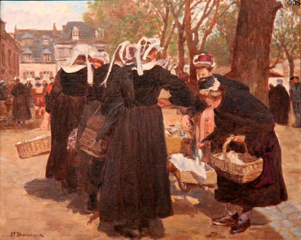 Market at Concarneau, Brittany in native costume painting by Joseph-Félix Bouchor at Vannes Museum of Beaux Arts. Vannes, France.