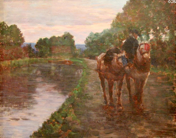 Horses pulling canal boat at Thourotte, France painting by Joseph-Félix Bouchor at Vannes Museum of Beaux Arts. Vannes, France.