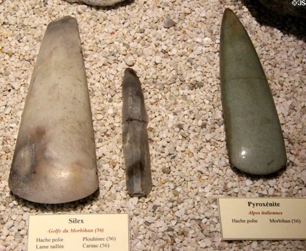 Neolithic polished stones from local region & Italy (c6,000-2,000 years ago) at Archeology Museum of Morbihan. Vannes, France.
