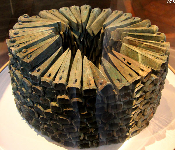 Cache of 254 Bronze-age ax heads found in 1976 at Langonnet at Archeology Museum of Morbihan. Vannes, France.
