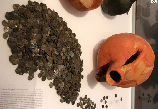 Cache of coins (late 3rdC) from Missiriac, Morbihan at Archeology Museum of Morbihan. Vannes, France.