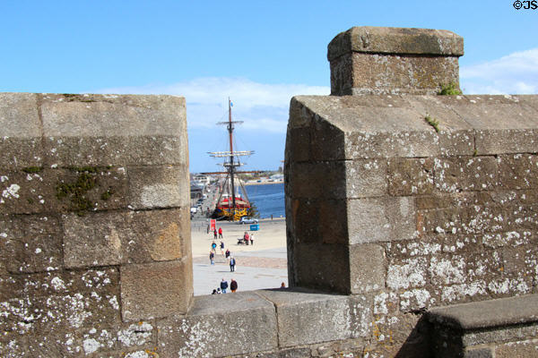 Du Roy ship seen through canon port. St Malo, France.