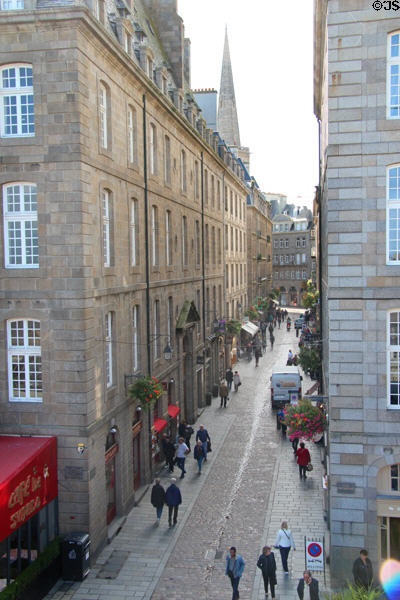 Looking down from ramparts to street below. St Malo, France.