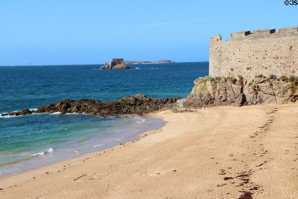 Bastion of Holland & fortified Ile du Grand Bé seen from ramparts. St Malo, France.