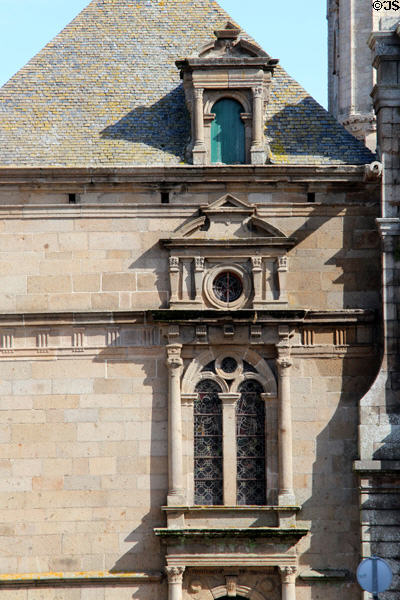 Ornate stone window frame on St Vincent Cathedral. St Malo, France.